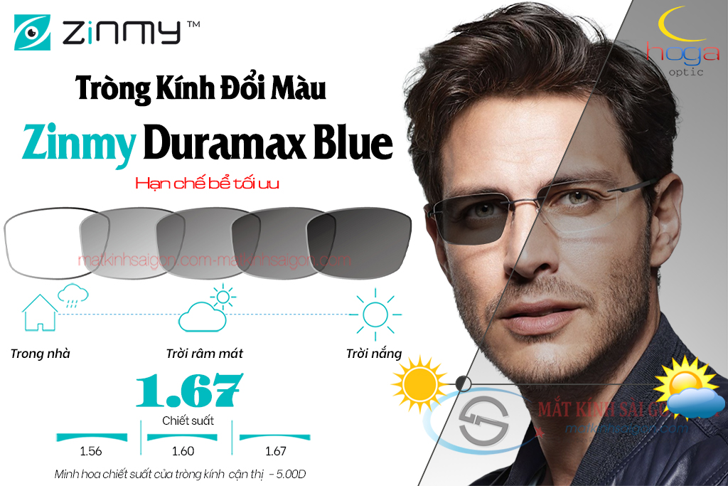 TRÒNG KÍNH ĐỔI MÀU 1.67 ZINMY DURAMAX BLUE